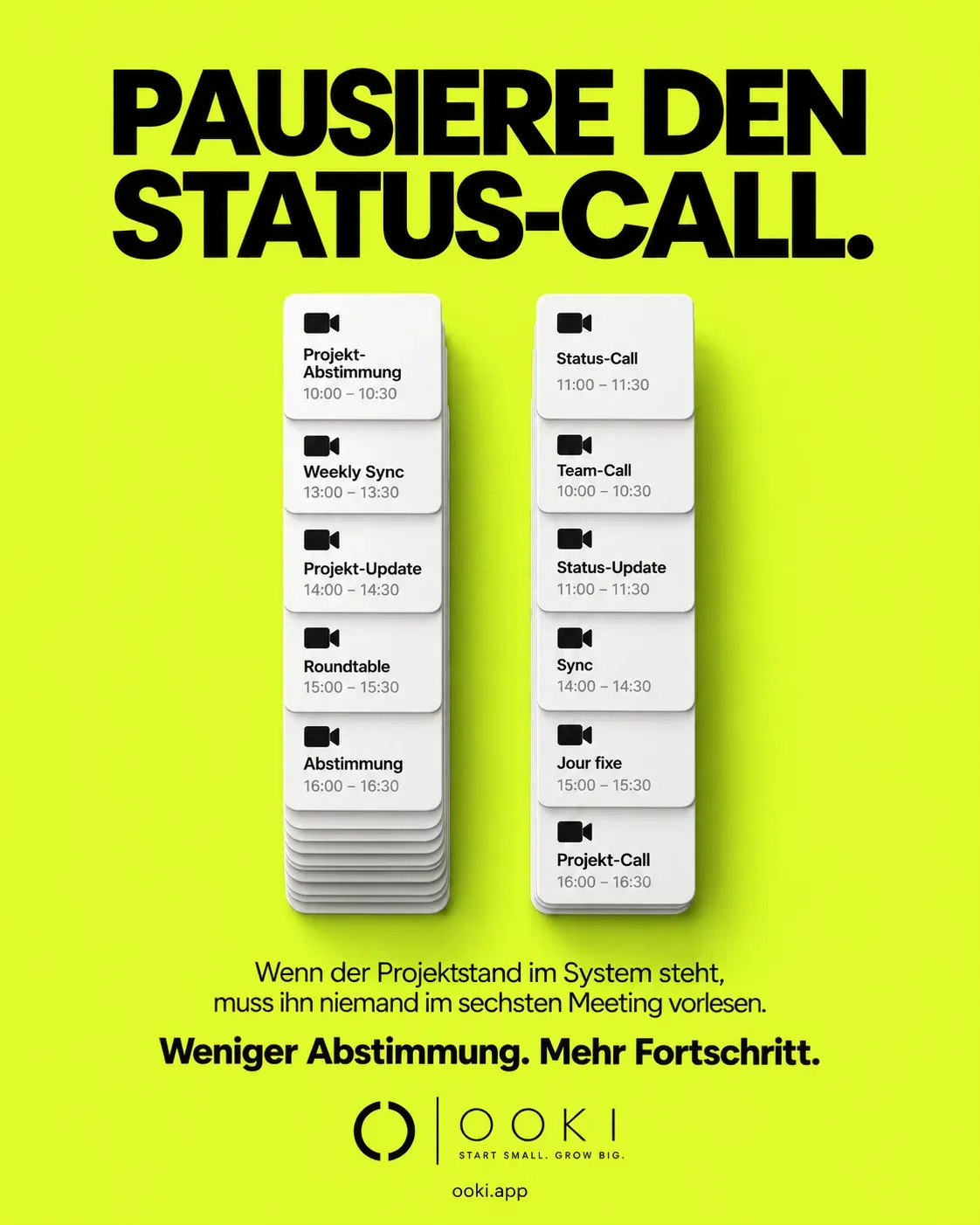 Zwei Stapel wiederkehrender Statusbesprechungen bilden ein Pausezeichen. Der Projektstand soll im System sichtbar sein.