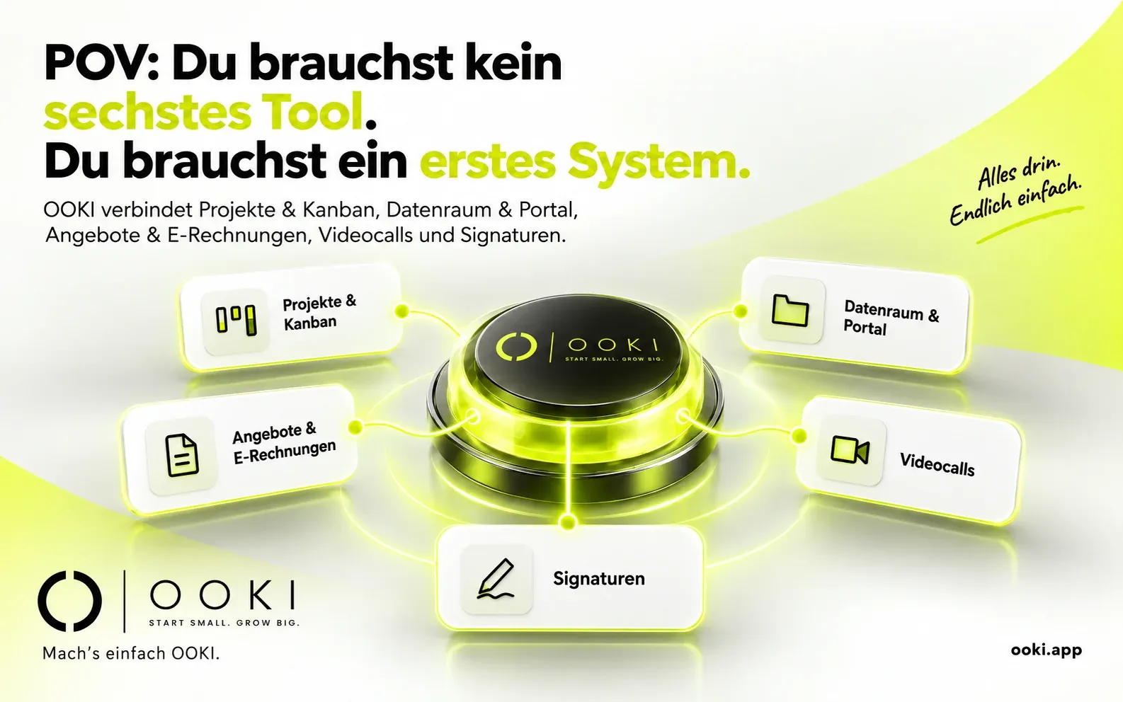 OOKI verbindet Projekte und Kanban, Datenraum und Portal, Angebote und E-Rechnungen, Videocalls und Signaturen.