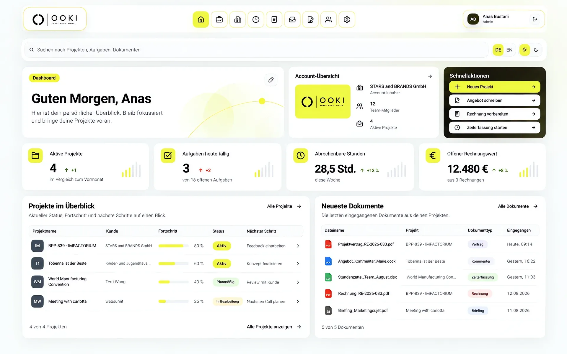 OOKI-Dashboard mit Projektübersicht, Aufgaben, abrechenbaren Stunden und neuesten Dokumenten.