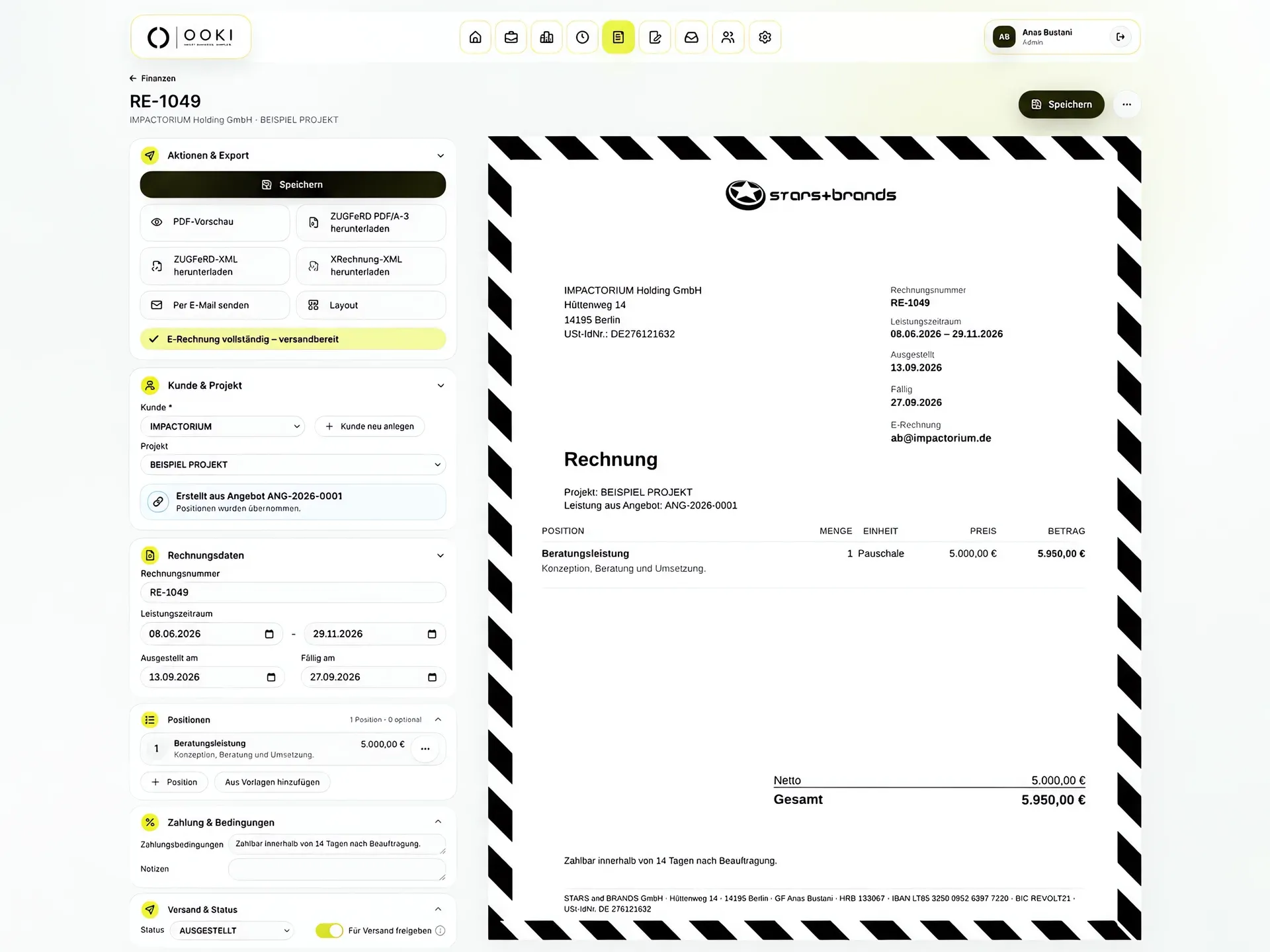 OOKI-Rechnungseditor mit Bearbeitung, Vorschau und Exportaktionen.