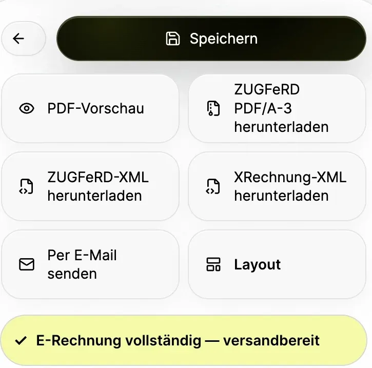 OOKI-Rechnungseditor mit Exportoptionen und Positionen.