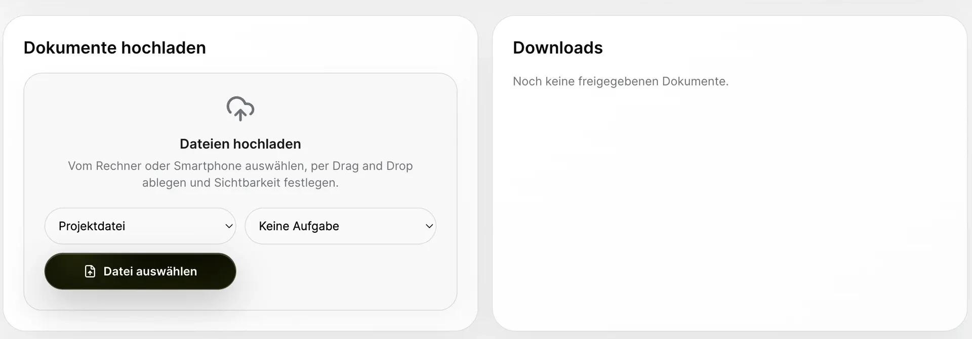 Datei-Upload und Downloads in der OOKI-Kundenansicht.