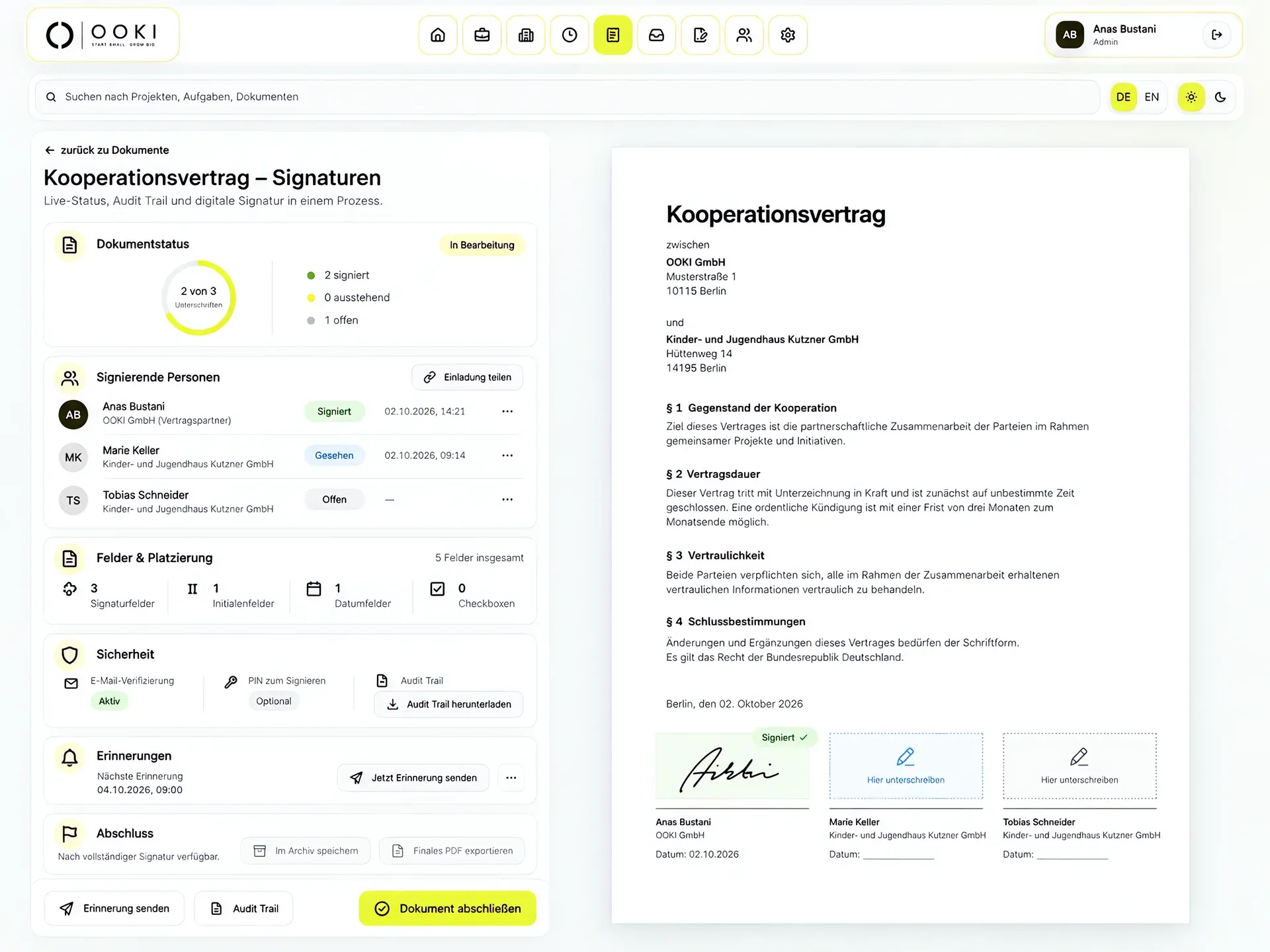 OOKI-Signaturansicht mit Dokumentstatus, signierenden Personen und Dokumentvorschau.
