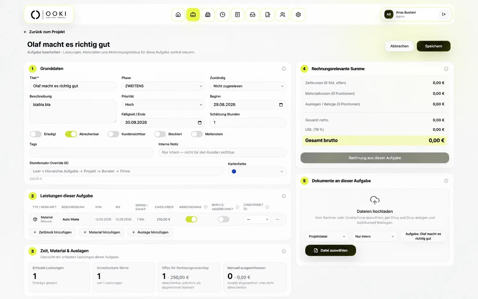 OOKI-Aufgabeneditor mit Grunddaten, Leistungen, Dokumenten und Abrechnungsbezug.